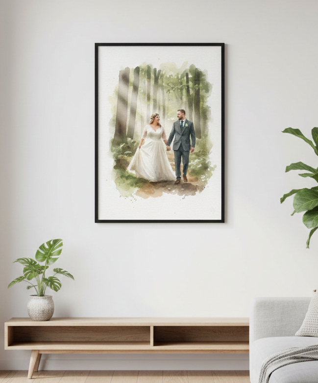 Framed wedding artwork in a modern living room